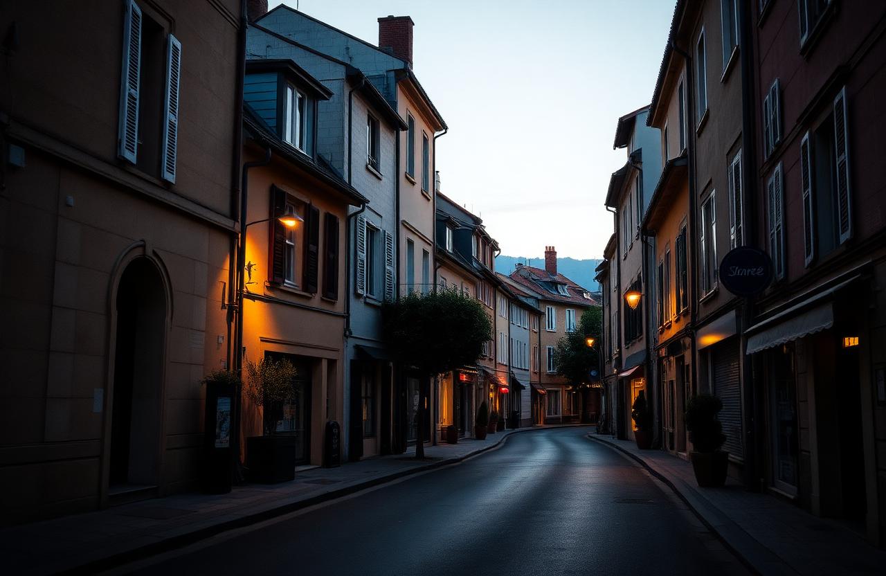 Rue typique du sud-ouest lyonnais au crépuscule